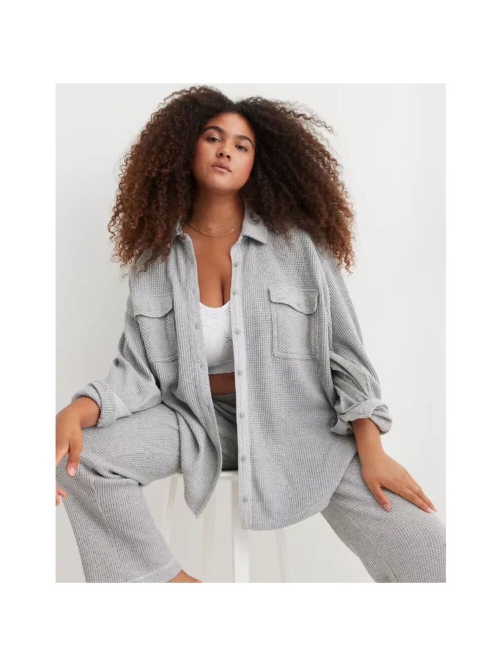 Aerie Cozy Grey Waffle Button Up Overshirt/ Shacket